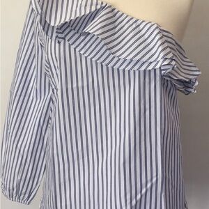 J. Crew Blue and White Asymmetrical Ruffled Blouse